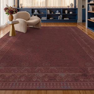 Muted Burgundy Washable 9x12 Area Rug for Living Room, Non-Slip Vintage Distressed Rug for Bedroom & Dining Room, Low Pile Stain Resistant Floor Carpet, Traditional Farmhouse Décor