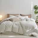 MooMee Striped Duvet Cover Set 100% Washed Cotton Linen Like Textured Breathable Durable Soft Comfy (White Sage Green Wide Stripes, Queen 90"x90")