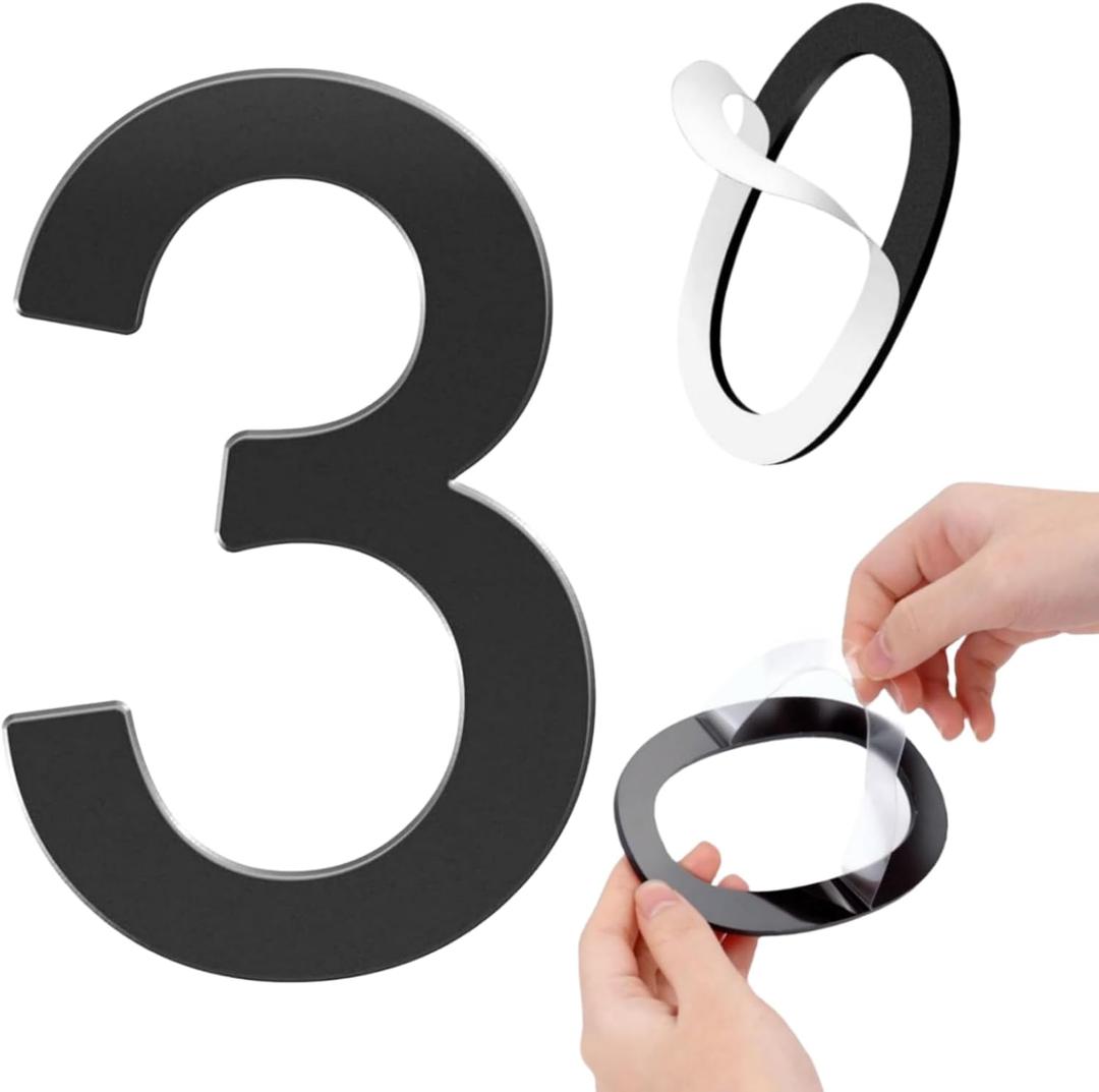Self-adhesive 6 Inch Acrylic House Numbers - Modern Black Mailbox Numbers for Outside Address, Apartments, Offices, Hotels (3)