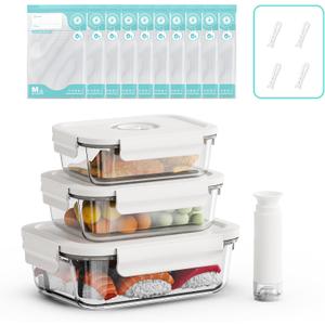Vacuum Seal Glass Food Storage Containers, 3pcs Containers with 10pcs Sous Vide Bags/ 1pc Manual Pump, Meal Prep Container with Airtight Locking Lids for Lunch, Long-Lasting Freshness