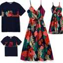 PATPAT Family Matching Outfits Mommy and Me Dresses Hawaiian Tropical Vacation Beach Spaghetti Strap Dress and Shirt (3-6 Months, Blue&red)