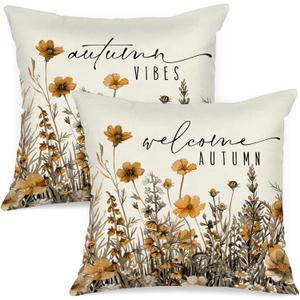 Fall 14x14 Throw Pillow Covers Set of 2, Watercolor Flowers Decorative Holiday Pillow Case 14 x 14 Autumn Cushion Covers Thanksgiving Pillowcase for Indoor Home Bedroom Couch Sofa Decor