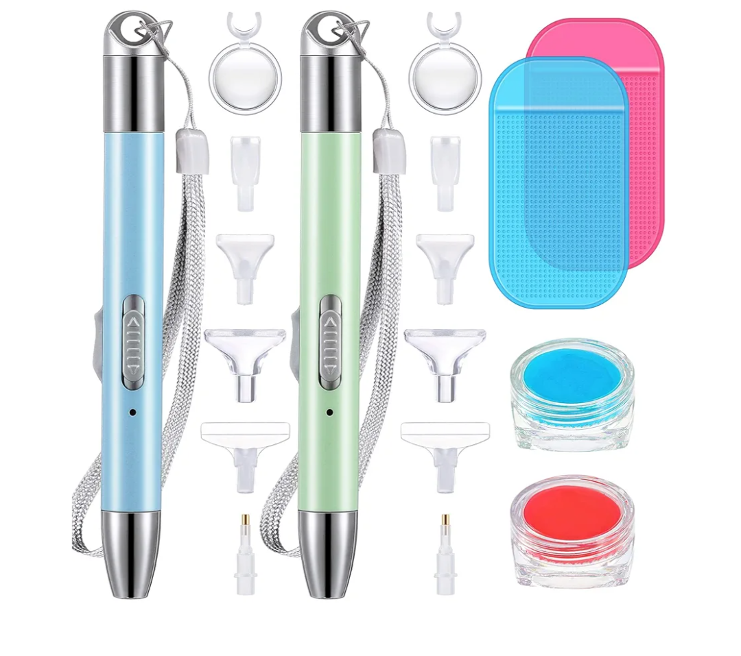 Chuangdi 2 Pcs Diamond Painting Art Drill Pen with Light Diamond Painting Accessories and Tools 12 Pen Heads 2 Anti-slip Mats 2 Wax Organizer Cases for DIY Craft Supplies(Blue, Green)