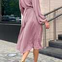 PRETTYGARDEN Women's Spring Midi Dress Long Puff Sleeve Wrap V Neck Flowy Ruffle Pleated Casual Fall Dresses (Pink, L)