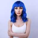 Blue Wig Short Curly Wig with Bangs Dark Blue Wig for Women Short Wave Wig Synthetic Wigs for Cosplay Costume Party with Wig Cap