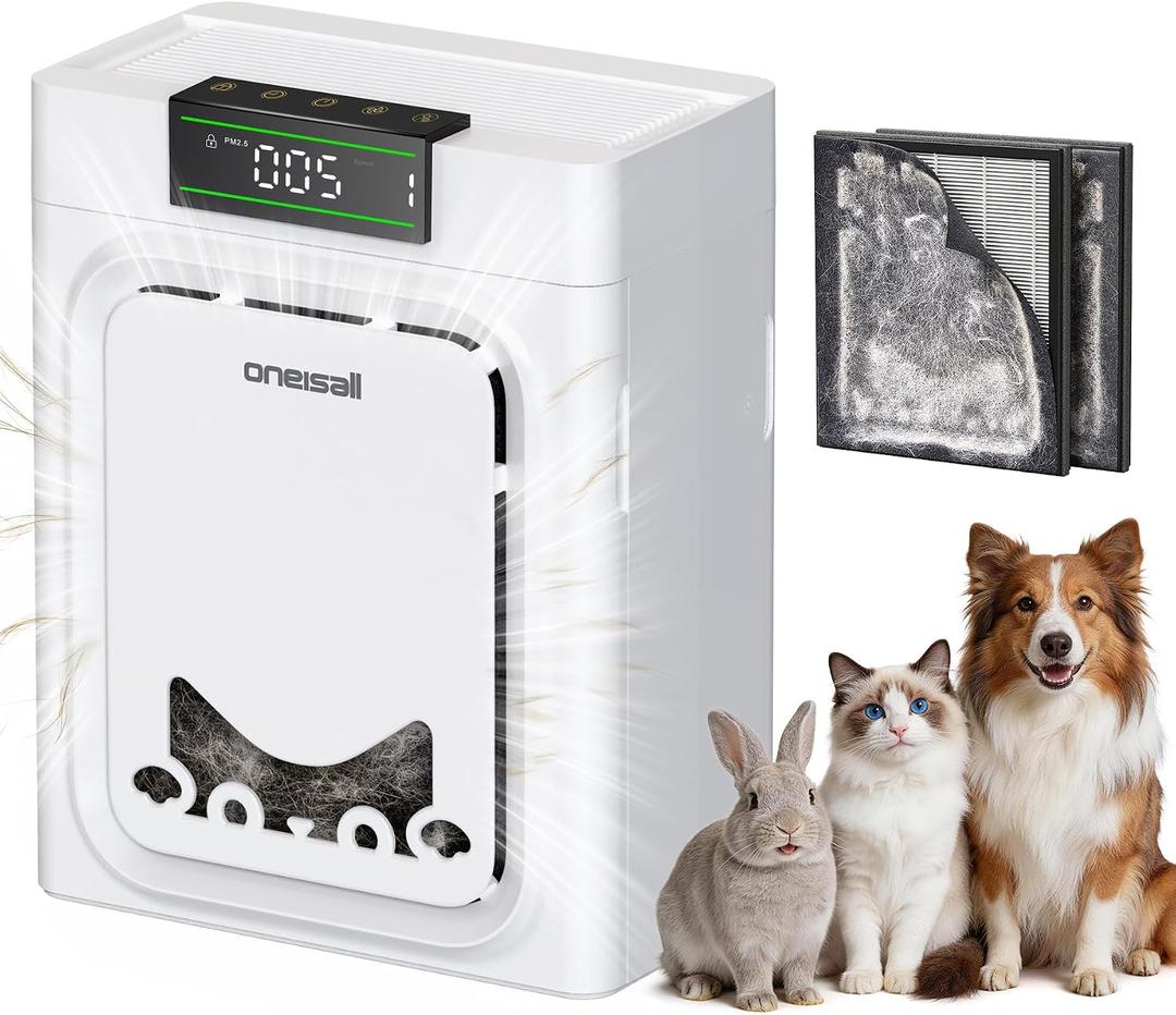 oneisall Pet Air Purifiers for Home,PP02
Dual Intake Traps Airborne Pet Hair&Dander,2X Carbon Filter Eliminates Odors,PM2.5 Display,Washable Pre-Filter,For Large Room
