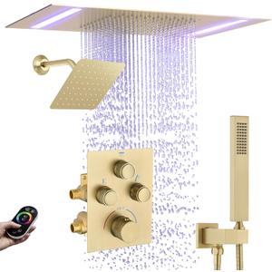 Dual Rain Shower Head System Faucet Set Ceiling Mount 14x20 Inch LED Head with 6 Inch Wall Head and Handheld Shower Valve Can Run Together and Control The Flow,Brushed Gold