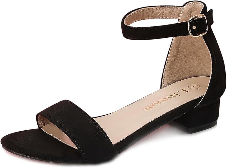 Girls Sandals Low Heels Dress Pump Ankle Strap Open Toe Flower Girl Wedding Party for Toddler Little Big Kid, Black, Size 5