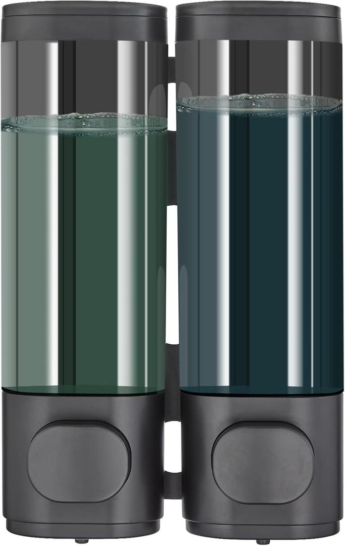 Pollock Shower Dispenser 2 Chamber No Drill Shampoo Conditioner Body Wash Dispenser for Bathroom, Large Capacity, Black