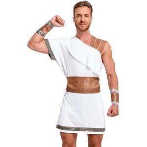 Khanda Greek Warrior Costume Toga Costume Mens Roman Greek God Costume with Headdress Belt Wrist Cuffs M, White
