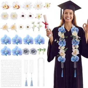 Yinder 36 Pcs DIY Graduation Leis Set Class of 2026 Flower Graduation Stole with Tassel Acrylic Card Letter Sticker Congrats Grad Necklace for Craft High School College Gift Ceremony Party(Blue)