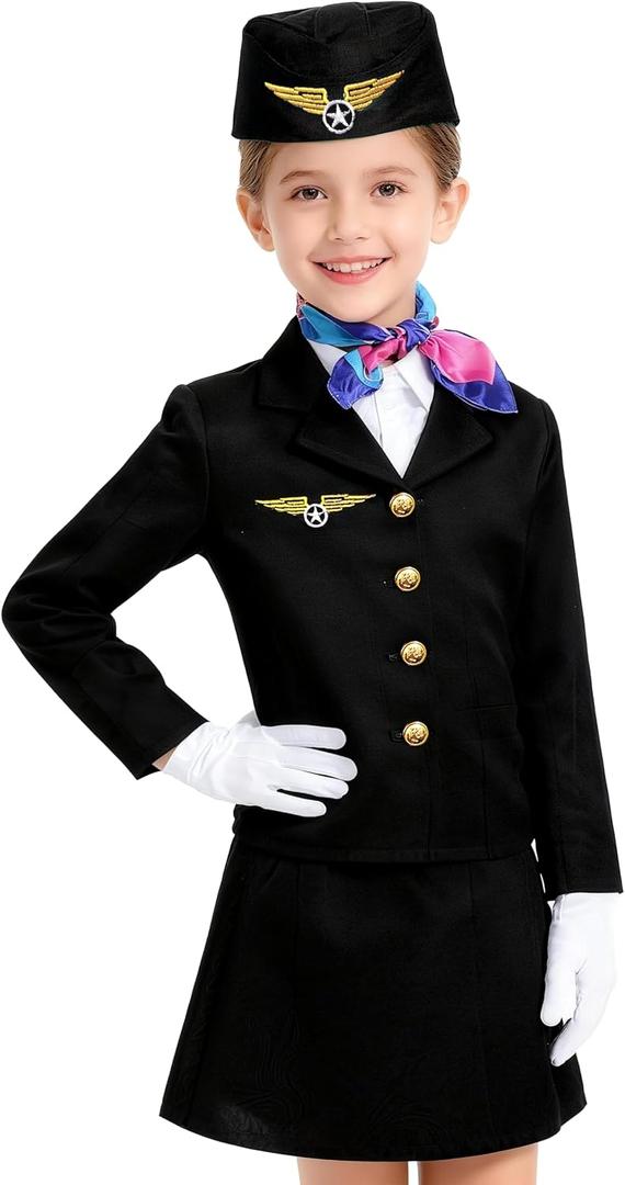 Flight Attendant Costume for Kids Stewardess Costume Set for Girls Career Day 100 Days of School Halloween Dress Up