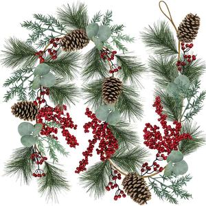6' Long Christmas Artificial Pine Needle Garland Wired Rustic Twig Vine Birch with Assorted Faux Red Berries Eucalyptus Leaves Natural Pine Cones Fir Sprigs Holiday Season Winter Decor