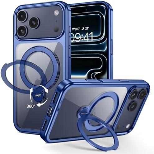 GUAGUA for iPhone 17 Pro Max Case with Stand, 360° Magnetic Rotatable Ring, Clear Back Plating Edge Invisible Ring Holder Slim Shockproof Protective Kickstand Phone Case for iPhone 17 Pro Max, Blue