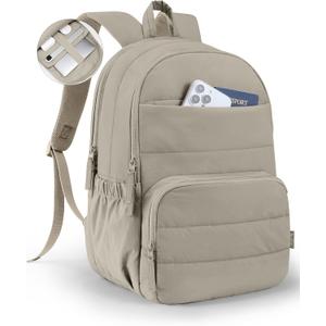 Uselike Travel Backpack for Women, 15.6 Inch Laptop Backpack, Quilted College Bookbag, Cute Work Backpacks, Water Resistant (Khaki Ash)