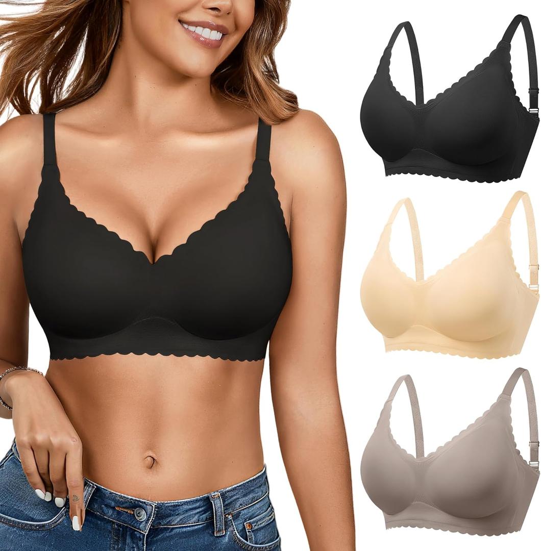 Seamless Jelly Bras for Women 3 Pack - Deep V Wireless Push Up No Wire Womens Bra Padded Comfort with Support for Gifts (Large, Black+skin+gray)