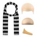 4pcs Halloween Costume Accessories for Adults, Novelty Fake Nose, Bald Cap, Black Gray Striped Scarf for Cosplay Classic Characters, Halloween Party Cosplay Set for Men