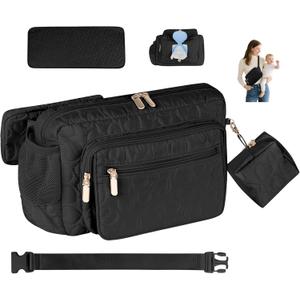 Rexmore Puffer Quilted Fanny Pack Diaper Bag for Mom - Womens Compact Crossbody Purse with Portable Changing Pad & Wipes Pouch, Travel & Quick Errand Baby Essentials Organizer(Black)