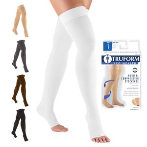 Truform 20-30 mmHg Compression Stockings for Men and Women, Thigh High Length, Dot-Top, Open Toe, White, Small