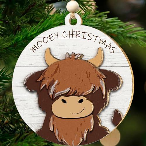 2 Layered Wooden Highland Cow Christmas Ornaments, Farmhouse Christmas Decor, Western Farm Decor Gifts for Family, Mom, Dad, Friends, Cow Farmers, Hanging on Holiday Decorations (Baby) 2 Pack