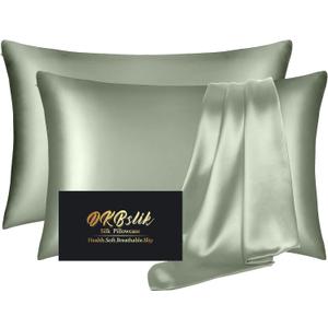 Silk Pillow Cases 2 Pack, Mulberry Silk Pillowcases Standard Set of 2, Smooth, Anti Acne, Beauty Sleep, Both Sides Natural Silk Satin Pillow Cases for Women 2 Pack with Zipper for Gift, Sage Green