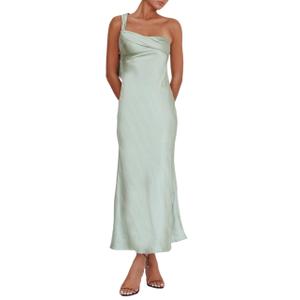 2026 Satin One Shoulder Maxi Dress for Women Summer Silk Formal Elegant Backless Ruffle Sleeveless Wedding Guest Dresses size S