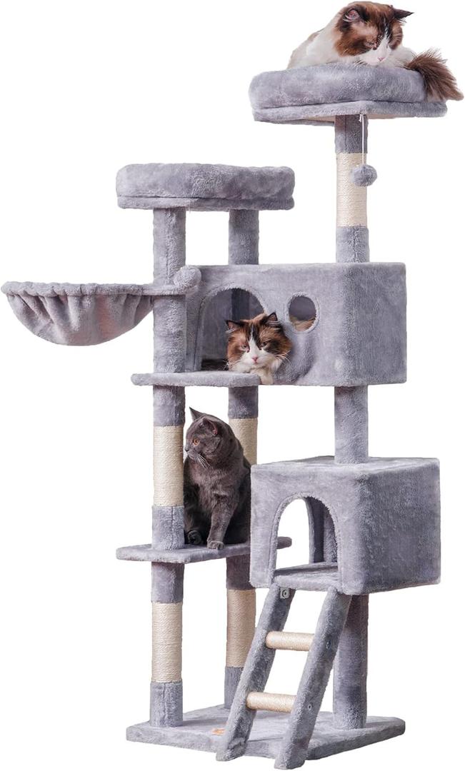 Heybly Cat Tree, Cat Tower for Indoor Cats,Multi-Level Cat Furniture Condo for Large Cats with 2 Padded Plush Perch, Cozy Basket and Scratching Posts HCT023W (61 inch, Light Gray)