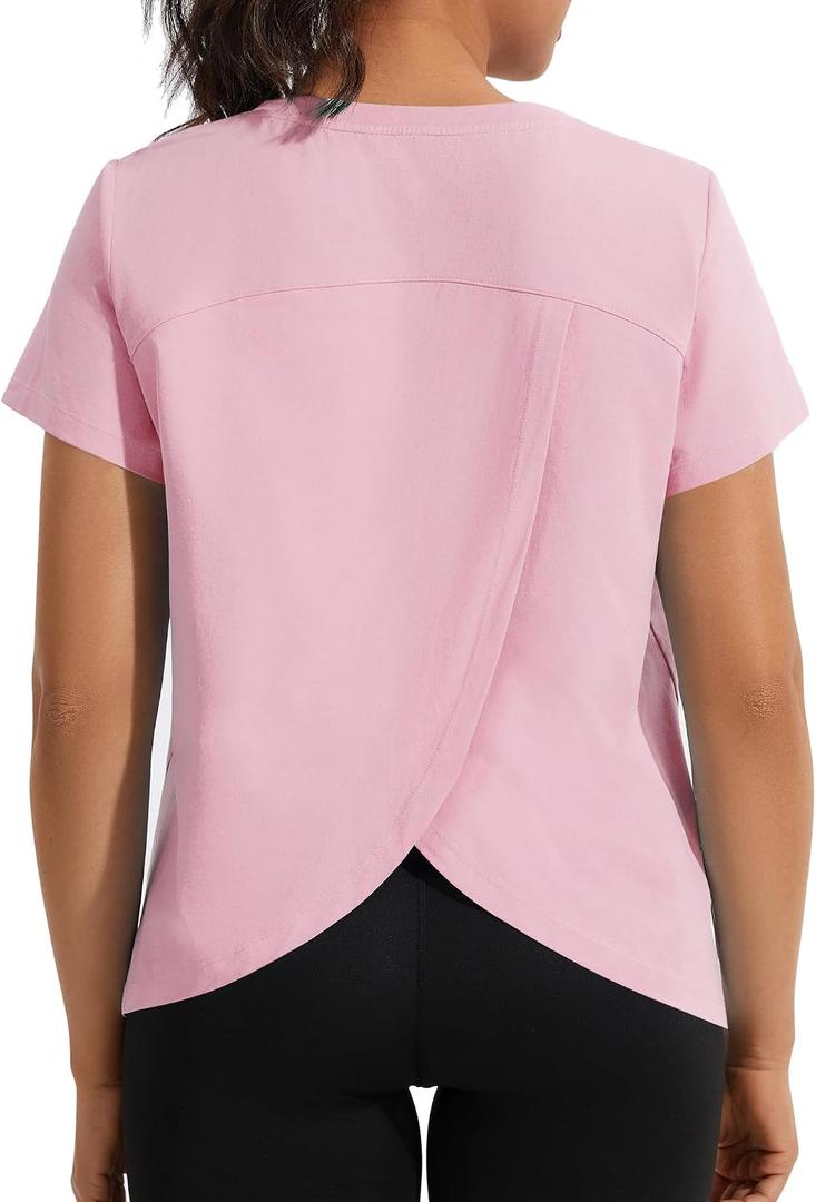 Women's Open Back Workout Top, Short Sleeve Split Back Athletic Shirt