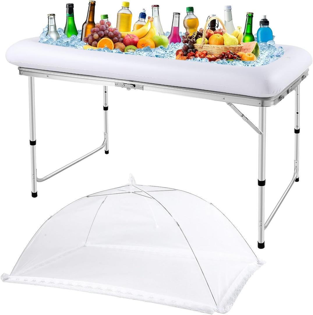 SiliFine Set of 3 Pool Party Supplies 4 Foot Folding Ice Table Cooler Table Outdoor Mesh Food Covers Food Tent Inflatable Serving Bars Food Trays for Party Buffet for BBQ Picnic Camping