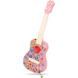 LeeQee 21in Colorful Graffiti Ukulele Guitar for Kids, 4 Strings Kids Guitar Ukulele Musical Instruments Learning Educational Toys with Picks for 3 4 5 6 7 8 9 10 11 12 Toddler Boys Girls (Pink)