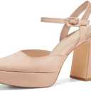 Coutgo Women's Chunky Platform High Heels Closed Toe Ankle Strap Pumps Wedding Party Dress Shoes Khaki, Size 9