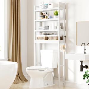 Smiry Over The Toilet Storage Cabinet, 4-Tier Bamboo Bathroom Organizers with Adjustable Shelf & 4 Hooks, Space Saving Shelf Rack for Bathrooms, Laundry Room, Balcony, White, 4 Tiers (72.8"H)