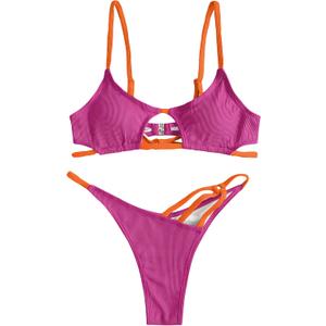 ZAFUL Women's Sexy Cutout Bikini Thong Bikini Set Color Block Swimsuit Tie Back Two Piece Swimsuit Bathing Suit (2-Rose, S)