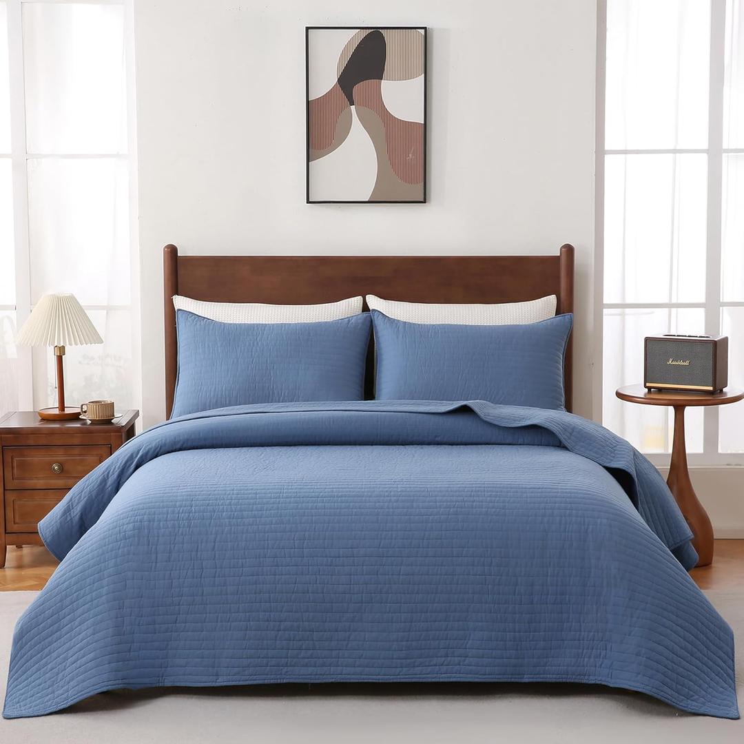 100% Cotton Quilt Set Oversized King Size - Soft Lightweight Stripe Bedding Set, Classic Comforter Set for All Season with 2 Shams, Oversized Bedspread Coverlet, 120 x120 inches (Dusty Blue)