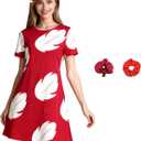Lilo Costume Dress Women's Halloween Red Leaf Printed Hawaiian Dress with Flower Headpiece (Large)