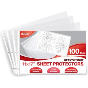 Dunwell 11x17 Sheet Protectors Landscape - (100 Pack, Heavyweight), 11 x 17 Ledger Size Plastic Sleeves, 3 Hole Punched, Fits 3-Ring Binders, Clear Heavyweight Acid-Free Poly