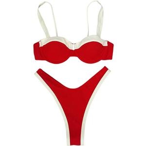 lSOLY HUX Women's Color Block Bikini Sets 2 Piece B,athing Suits High Cut Cheeky Swimsuits(S), a  Red and White