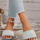 OYOANGLE Women's Pearl Decor Square Toe Sandals Leather Open Toe Flat Slip On Slides Light Blue 9.5