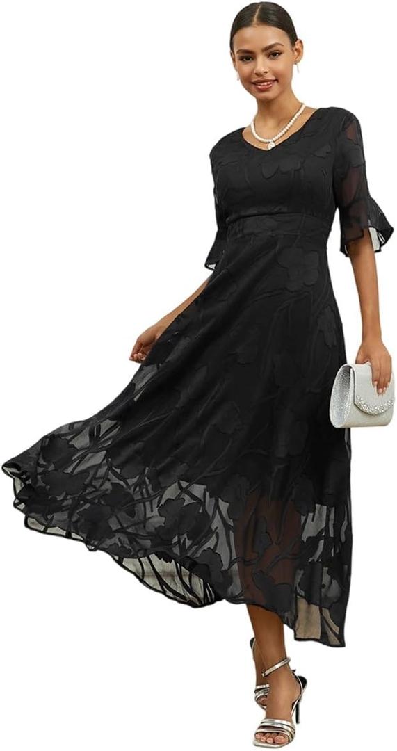Ruffle Lace Dresses for Women Casual Flutter Sleeve Chiffon Maxi Dress Elegant Flowy Semi-Formal Dress Loose & Extra Long (Black,Xlarge)
