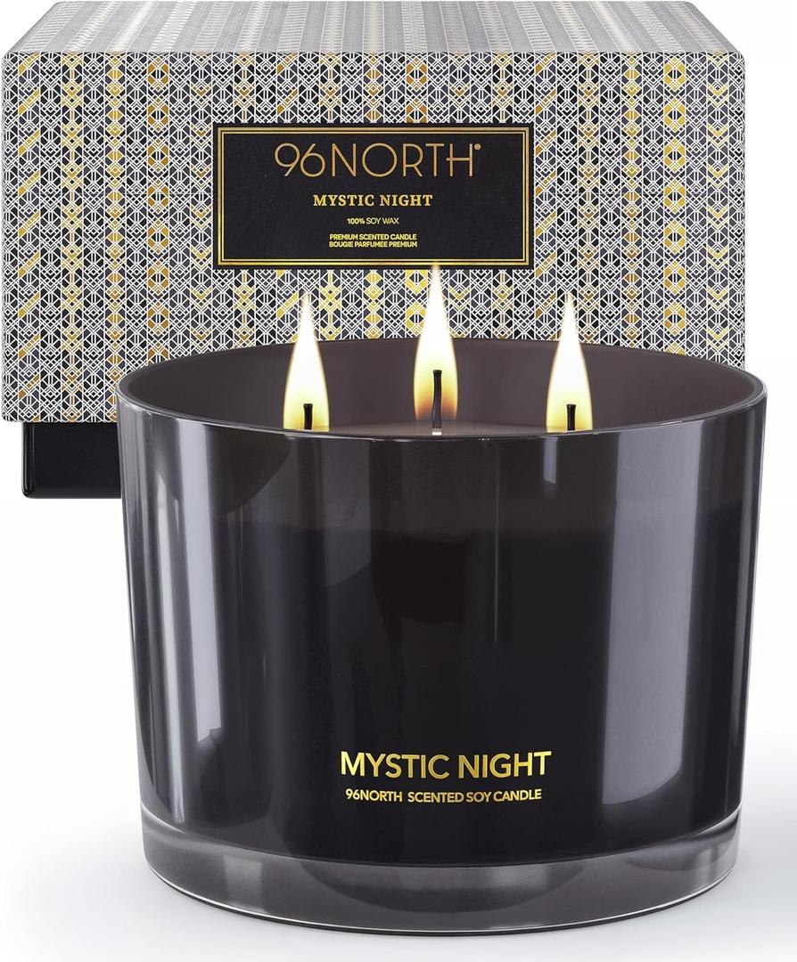 96NORTH Luxury Black Candle | Large 3-Wick Jar Candle | Up to 40 Hours Burning Time | 100% Natural Soy Wax | Relaxing Aromatherapy Aesthetic Candle | Housewarming Gift for Men and Women