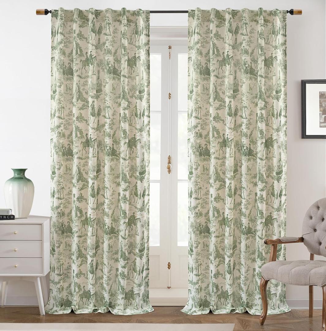 DriftAway 100% Blackout Toile Linen Curtains for Bedroom Double Layer Farmhouse French Country Vintage Printed Pattern Thermal Sound Lined Back Tab Living Room Drapes 90 inch Long 2 Panels Loden Green