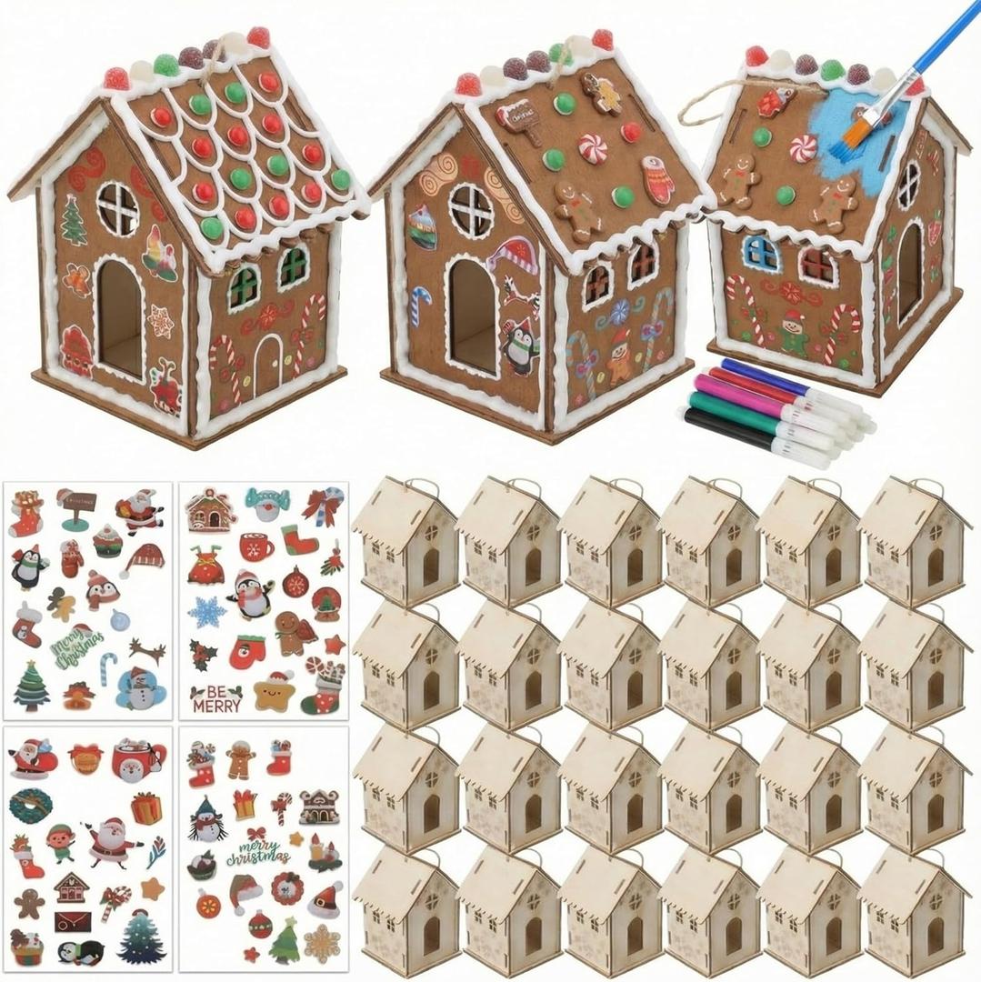 24 Pack Wood Gingerbread House DIY Craft Kit for Kids DIY Christmas Village Houses to Build & Paint with Watercolor Pens & 3D Puffy Stickers & Jute Twines for Xmas Wood Unfinished Crafts