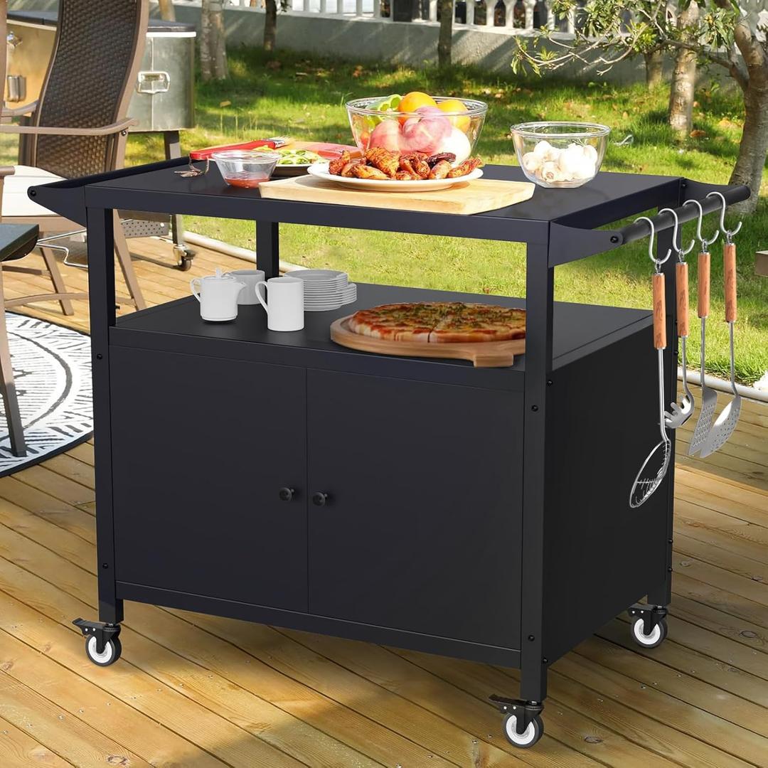 COZEER Outdoor Grill Table with Storage, Movable BBQ Grill Cart, Outdoor Kitchen Prep Station, Rolling Bar Serving Cart with Utensil Hooks, Blackstone Griddle Stand