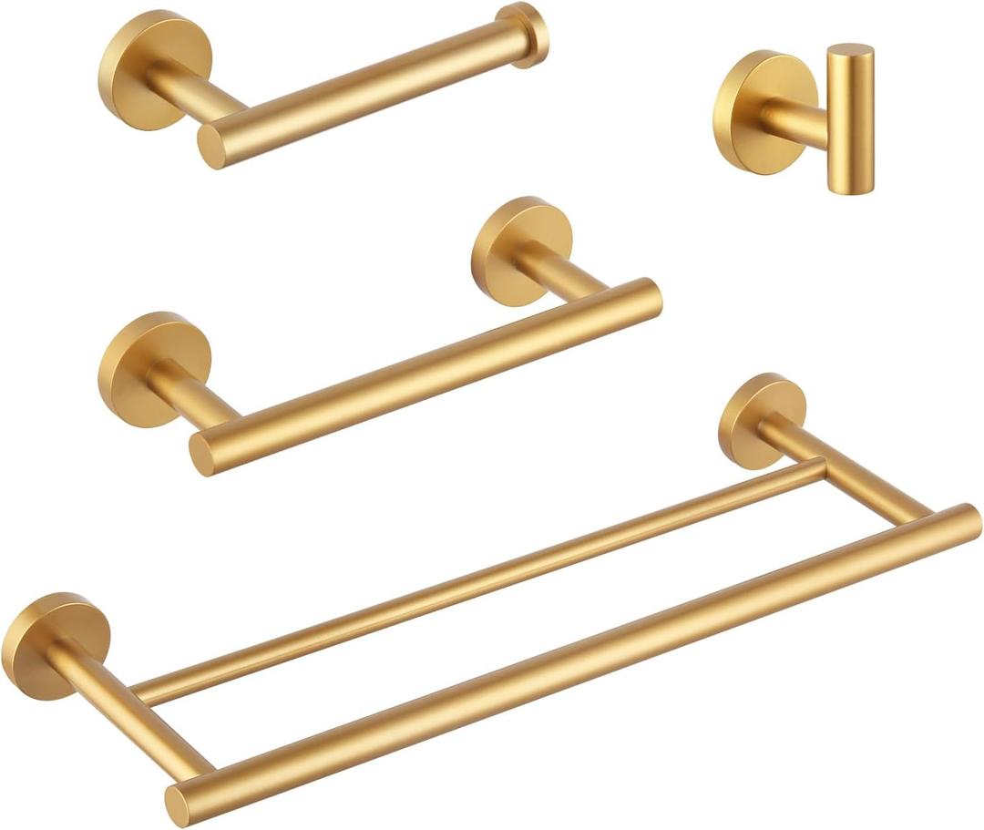 GERZWY Bathroom 4-Pieces Accessories Sets Gold Stainless Steel - 18-Inch Double Towel Bar Coat Hook 12-Inch Hand Towel Bar Toilet Paper Holder AG1102C(45) 01C(30.5) C5C7B-4BE