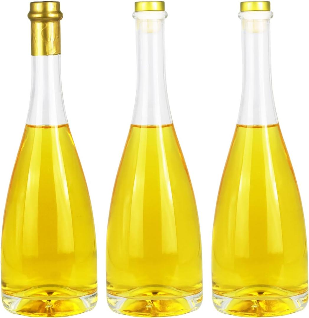 MAYPINK Clear Glass Bottles 25 oz - 750 ml Set of 3 for Hot Sauce Oil Jam Lemonade Whisky Wine Beverages Oils Kombucha Kefir Vinegar Beer with T top Caps with Airtight and Leak Proof Shrink Film