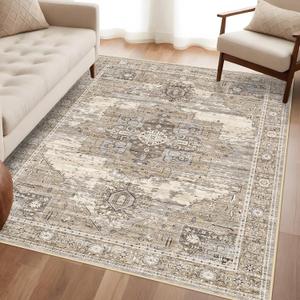 Washable 4x6 Area Rugs - Living Room Area Rug Stain Resistant Carpet Vintage Lightweight Ultra-Thin Rugs for Bedroom Kitchen entryway with Non Slip Backing Home Decor Small Mat 4X6 Beige (4' x 6')