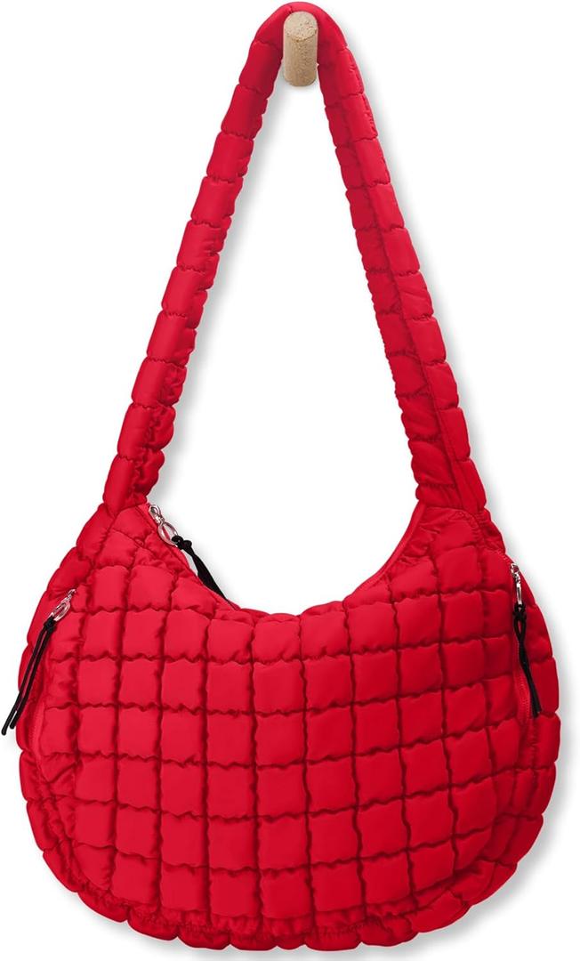 Puffer Tote Bag for Women Large Quilted Tote Bag Quilted Carryall Bag Soft Puffy Crossbody Bag Hobo Handbags Puff Purse (Watermelon Red)