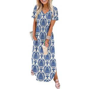 WIHOLL Women's Summer Short Sleeve Dresses Maxi Dress Vacation Beach Sundresses 2026 with Pockets (Large, Floral Blue Boho)