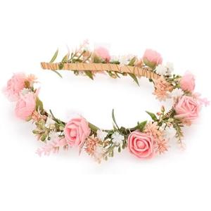 KorViSHOW Women's Pink Flower Headband - Girl Flower Headpiece Romantic Bohemian Lace Foam Headband for Wedding Decoration Party Birthday Dance Headwear Maternity Shoot Props