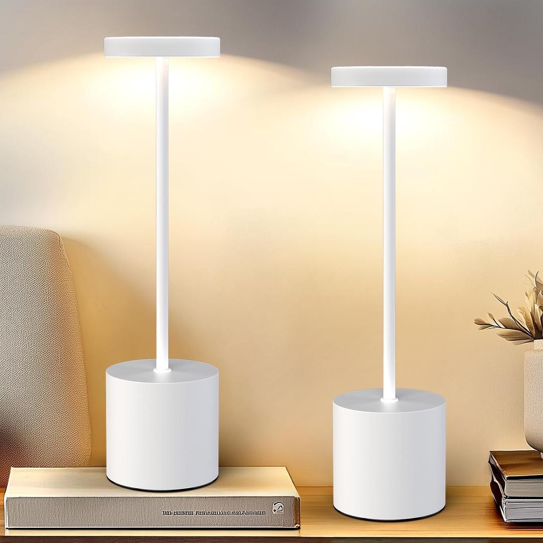 White Cordless Table Lamp Set of 2, 5000mAh Rechargeable Lamp with Touch Control & Stepless Dimming, 3 Light Modes, IP54 Waterproof Portable Light for Dining Table, Patio, Bedroom, Power Outage